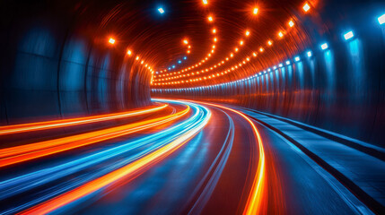 Fototapeta premium Bright lights and flowing colors create a captivating tunnel experience at night with a sense of motion and speed
