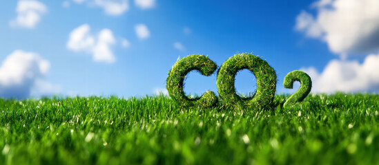 青空と緑の草で描かれたco2のテキスト