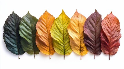 Row of colorful autumn leaves showcasing seasonal color change.