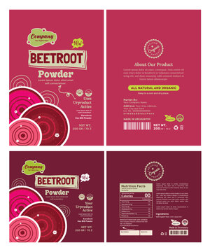 Elegant label design bundle for organic beetroot powder and supplements featuring vibrant pink and red tones with modern typography. Perfect for food packaging.