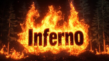 Inferno in the Forest - Fiery inferno, forest fire, burning trees, intense heat, word inferno. Symbolizes danger, destruction, power of nature.