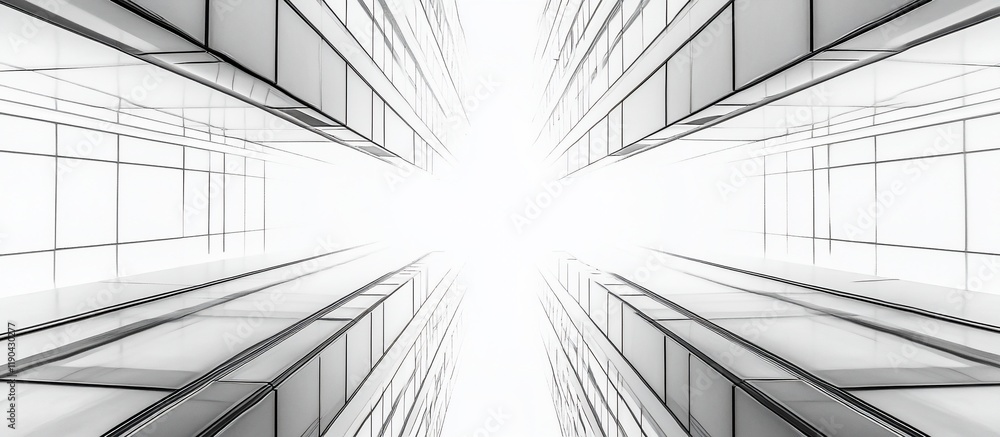 Wall mural abstract grayscale image of converging glass building structures creating a vanishing point effect.