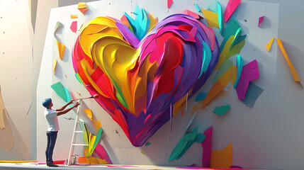 A skilled sculptor in a cartoonish 3D world is putting the finishing touches on a beautiful heart-shaped masterpiece, using colorful paint and delicate chiseling.