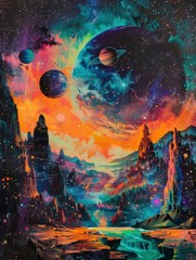 Obraz premium A vibrant cosmic landscape featuring colorful planets, mountains, and a river under a starry sky, evoking a sense of wonder and exploration.