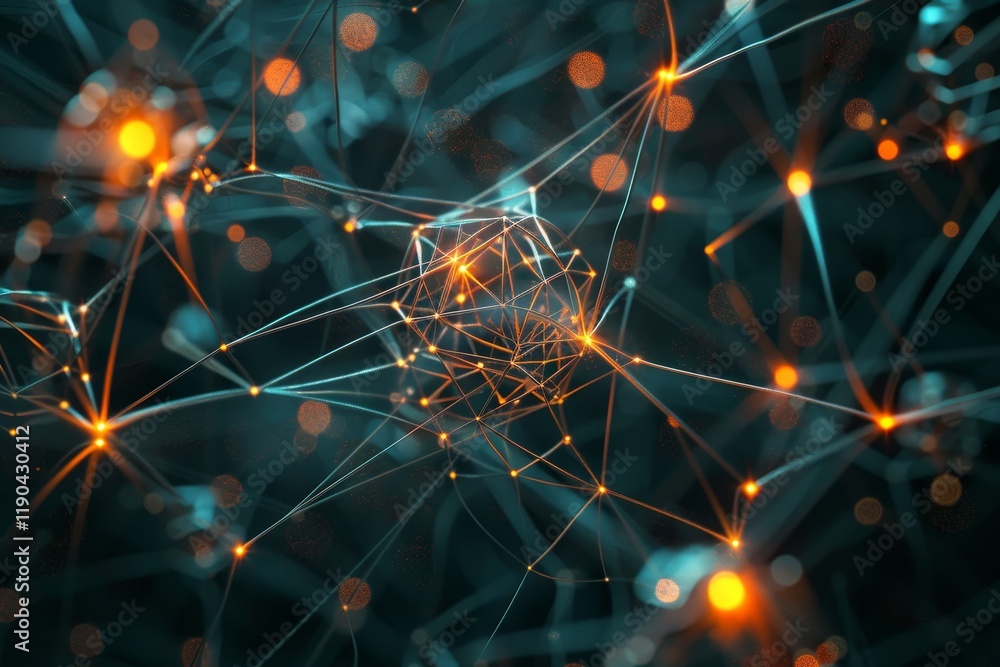 Poster a digital illustration depicting a neural network, with interconnected nodes represented by glowing 