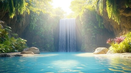 Serene Waterfall Cascading into Lush Tropical Pool