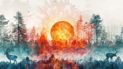 Obraz premium A vibrant sunset illuminates a misty forest, featuring silhouettes of deer amidst colorful trees and a glowing sun.