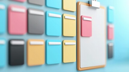 A colorful wall of sticky notes in various shades, with a blank clipboard for new ideas or messages.