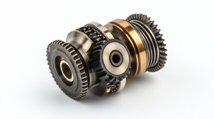 Precision engineered metal gears and components isolated on white background.
