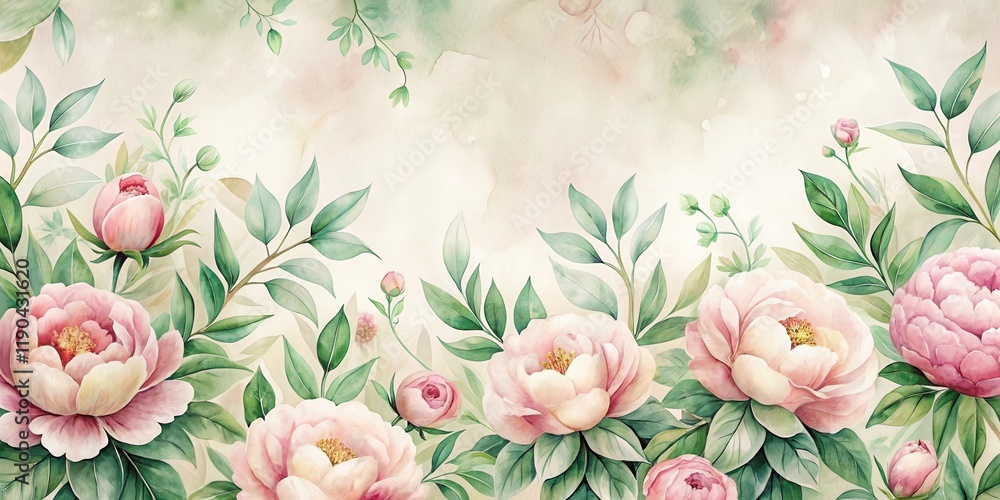 Wall mural Elegant Watercolor Peonies and Lush Greenery Floral Design