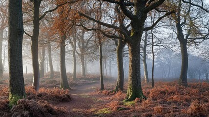 Fototapeta premium Autumnal Path Through Misty Woodland With Tall Trees