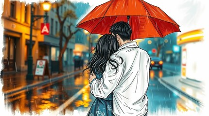 Obraz premium Couple walking under red umbrella on rainy city street, hug, 