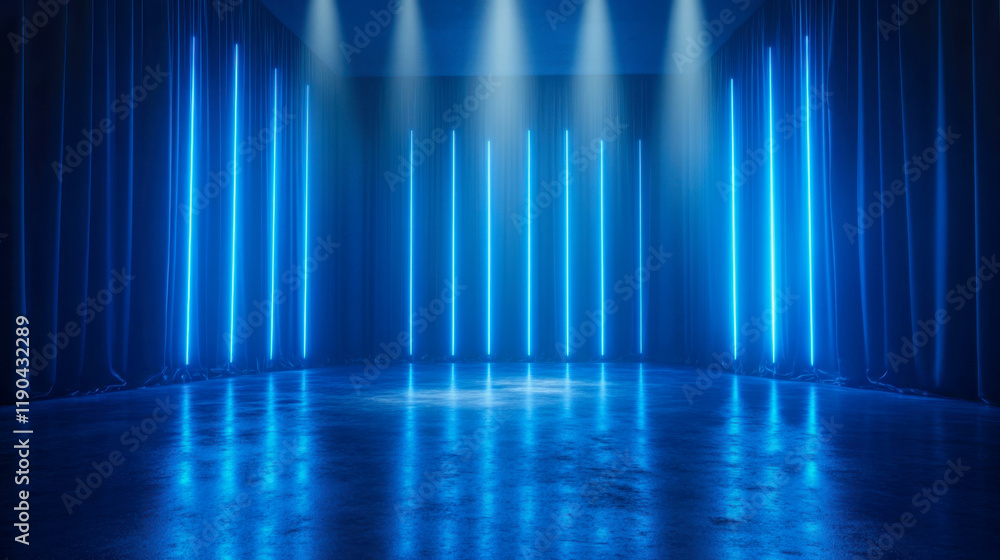 Poster bright blue lighting creates a dynamic atmosphere in an empty stage setting ideal for performances a