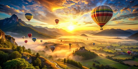 Obraz premium Aerial Double Exposure: Hot Air Balloons & Mountain Valley Sunrise