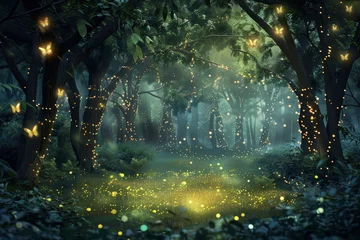 Fleecedeken met foto A magical forest clearing filled with fireflies, glowing trees, and soft green foliage, A whimsical forest clearing with twinkling fireflies © Iftikhar alam