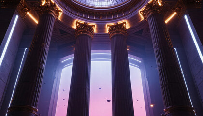Obraz premium A modern reinterpretation of classical architecture featuring tall columns with glowing neon edges