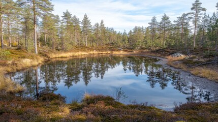 Obraz premium Serene forest pond reflecting trees and sky