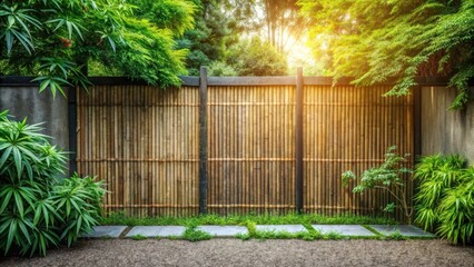 Serene Garden Pathway with Bamboo Fence and Lush Greenery