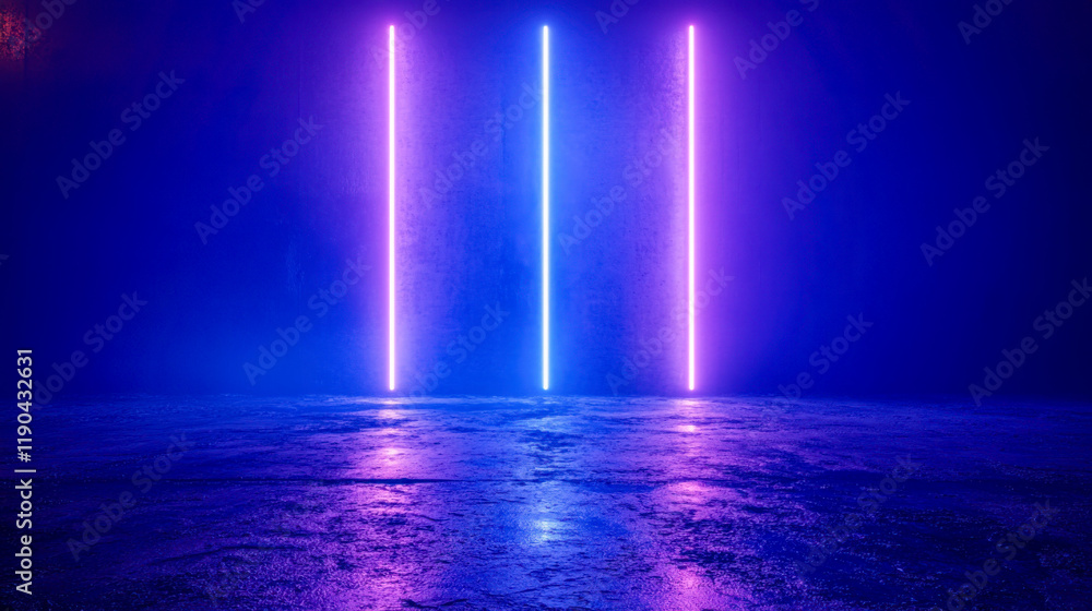 Poster colorful neon lights illuminate an empty space in a dark environment creating a vibrant atmosphere