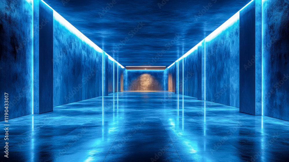 Poster illuminated hallway with blue light and reflective floor creating a modern, futuristic atmosphere in