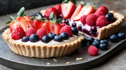 Fruit tart on a plate with pastry crust and colorful fruit toppings served on a wooden table