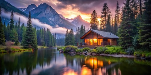 Obraz premium Serene Sunset View of a Lakeside Cabin Nestled Amongst Majestic Mountains and Evergreen Trees