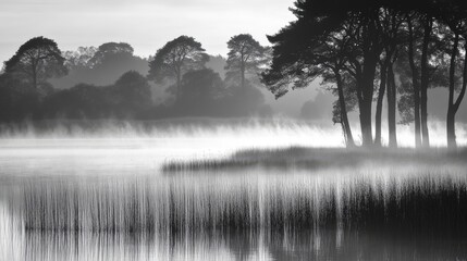 Fototapeta premium Misty Morning Lake With Silhouetted Trees