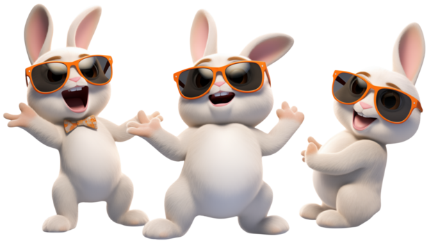 Three Cool Rabbits Wearing Sunglasses, Summer Fun, Cartoon Characters, Happy Bunnies, 3D Render
