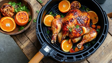 Fototapeta premium Pan of roasted chicken garnished with orange slices and fresh herbs on a rustic wooden table