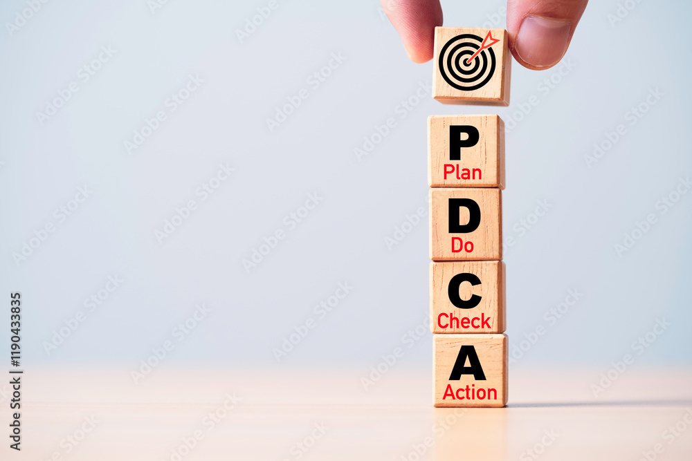 Poster hand putting dartboard with arrow on the top of pdca for plan do check action until achieve business