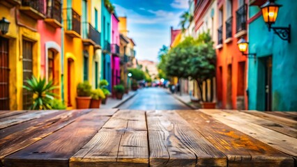 Fototapeta premium Empty wooden tabletop with a blurred Mexican city scene in the background
