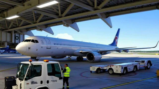 Airplane Ground Handling Footage with Workers and Equipment