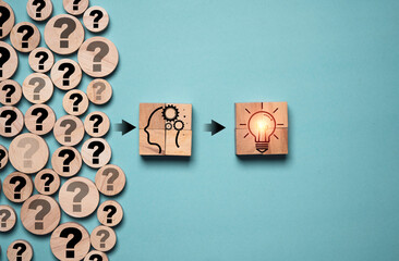 Question mark on wooden cube block with human thinking and glowing light bulb , Creative thinking idea and problem solving concept.