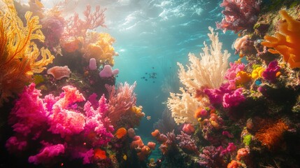 Obraz premium Vibrant Coral Reef Underwater Scene Displays Diverse Marine Life