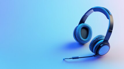 Blue headphones with microphone on light blue background.