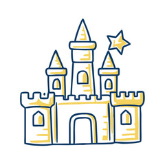 Illustrated fantasy castle with flags and clouds, whimsical design