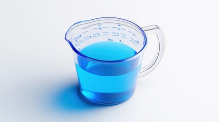 Blue liquid in a clear plastic measuring jug on a white background.