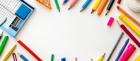 Colorful stationery supplies arranged in a frame on a white background, leaving copy space in the center.