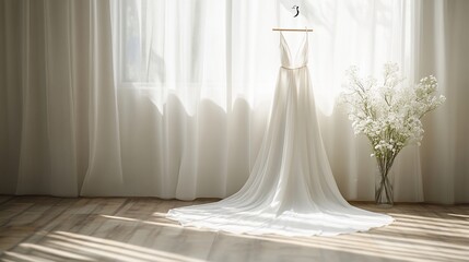 Elegant wedding dress hanging near sheer curtains and flowers.