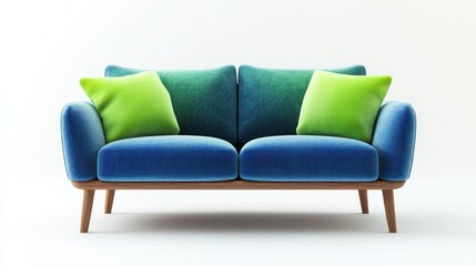 Blue velvet sofa with lime green pillows on white background.