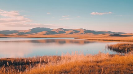 Obraz premium Serene lake reflecting majestic mountains under a calm sky