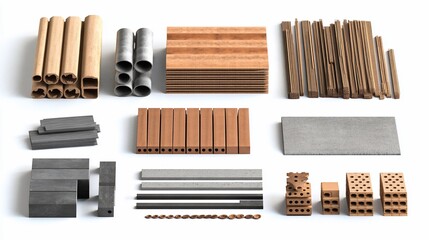 Assortment of construction materials wood, metal, concrete, and clay.