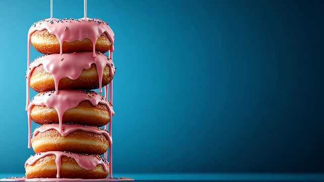 A stack of delicious donuts covered in pink icing and sprinkles on a vibrant background.