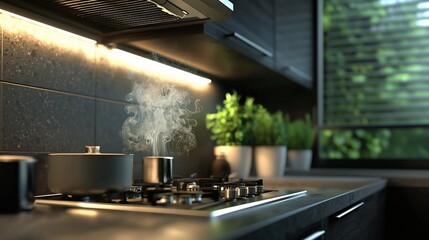 Modern kitchen stovetop with steaming pot, warm lighting, and herbs.