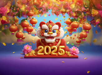 Obraz premium A cute lion dance costume, symbolizing the upcoming year 2025, is adorned with festive lanterns and flowers amidst celebratory confetti. The vibrant scene evokes joy and prosperity.