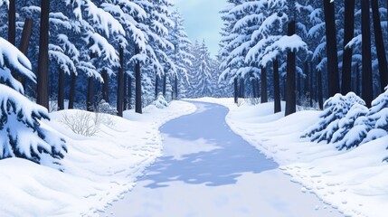 Fototapeta premium Serene Winter Path Through Snowy Forest - Peaceful winter scene, snowy path winding through a tranquil snow-covered forest. Symbolizes serenity, solitude, winter wonder, journey, and nature's beauty.