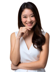 Fototapeta premium A young woman with long, dark hair smiles, posing in a white, sleeveless dress. She is set against a plain white background.