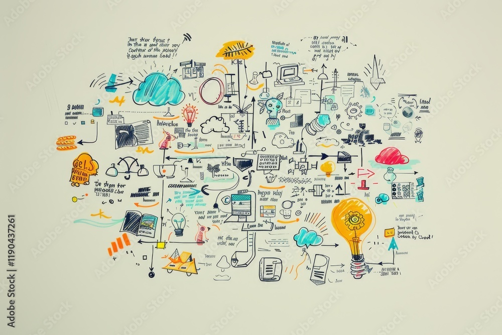 Aufkleber a whiteboard filled with colorful, hand-drawn ideas, connected by lines and arrows, a mind map fille