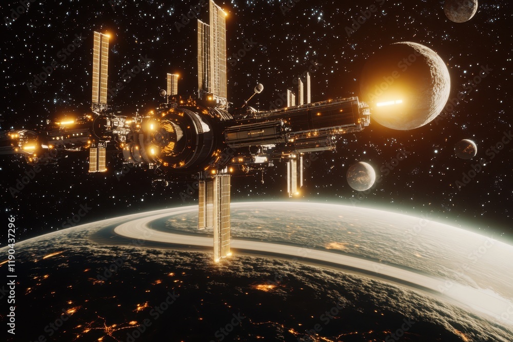 Poster space station orbits a distant planet with multiple moons in view