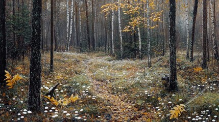 Obraz premium Autumn Forest Path Mushrooms Scattered Leaves